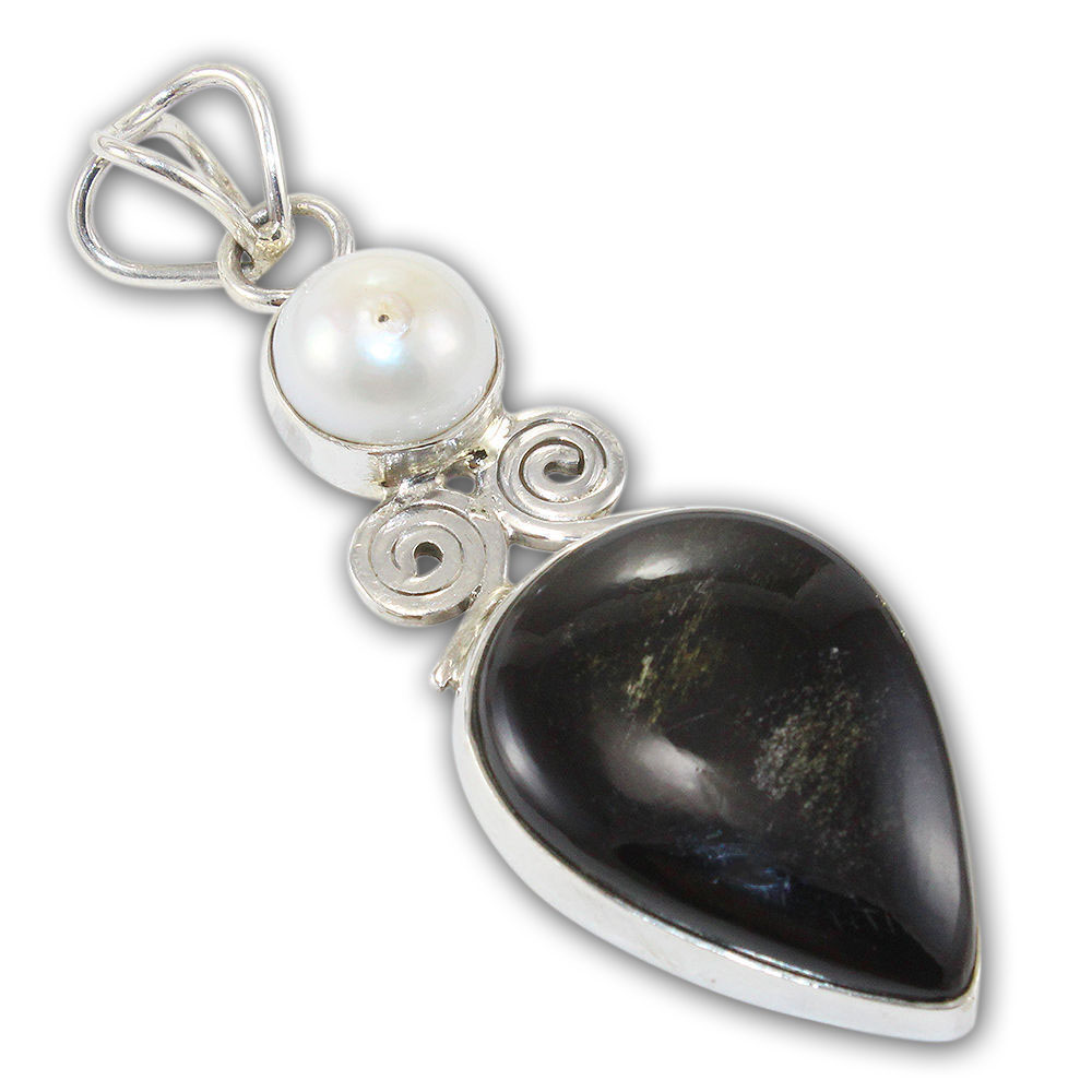 925 Sterling Silver Pendant with natural gemstone Black Onyx,round